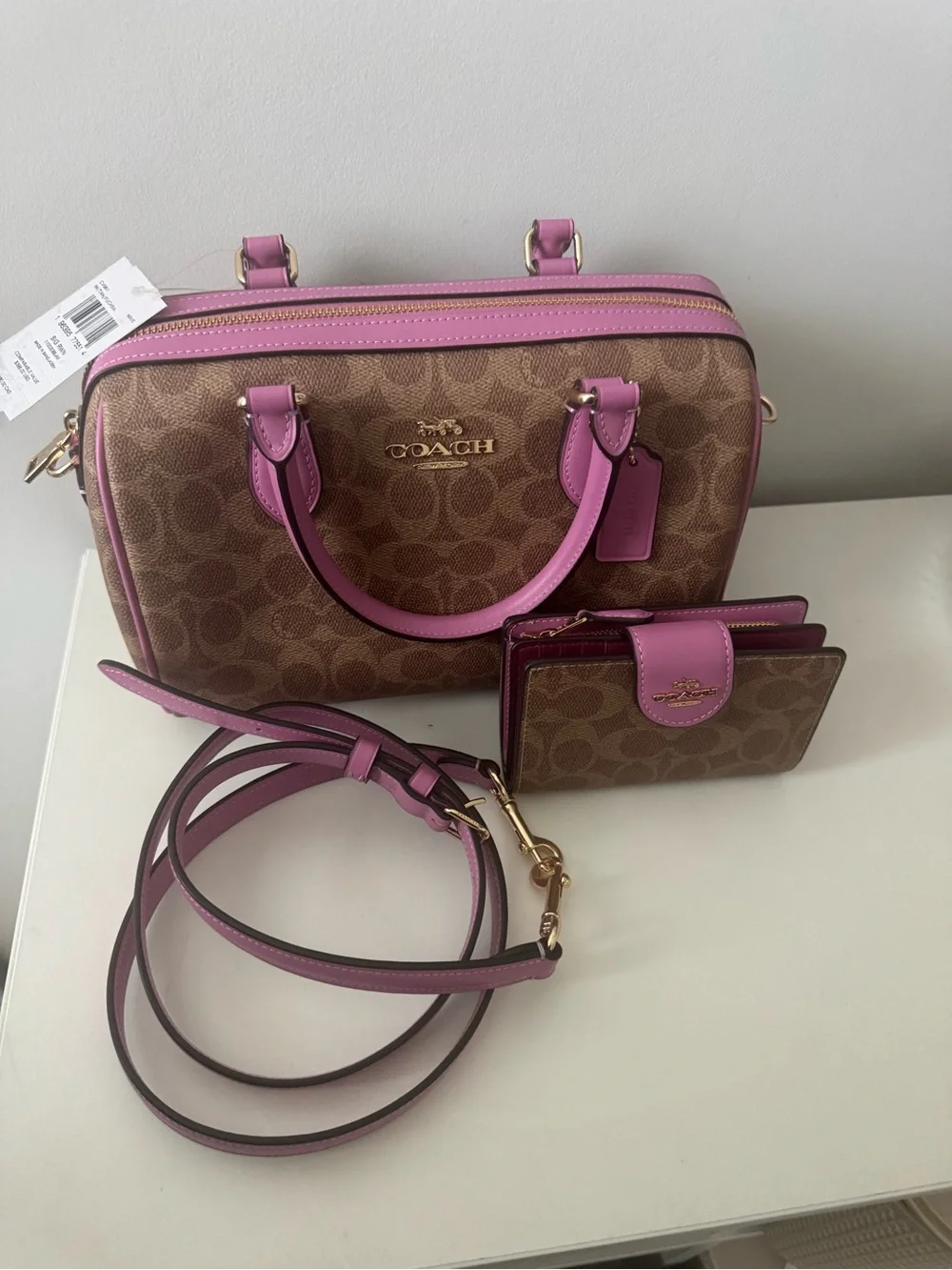NWT COACH ROWAN SATCHEL SIGNATURE CANVAS W/FUSCHIA TRIM| NWOT CORNER ZIP WALLET